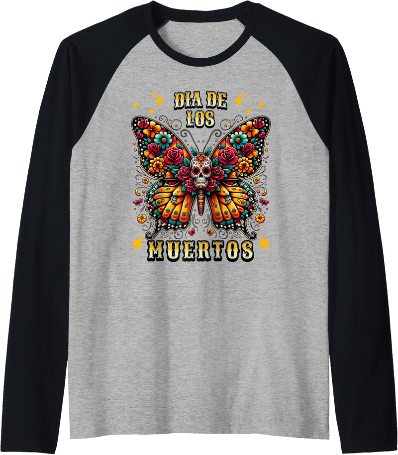 Halloween Collection Dia De Los Muertos Monarch Butterfly Sugar Skull Halloween Raglan Baseball Tee - Black/Athletic Heather
