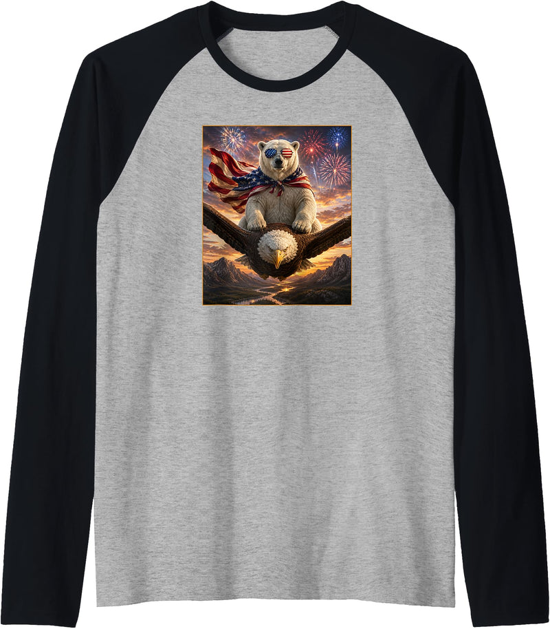MericaLife Polar Bear Polar Bear on Bald Eagle American Flag Glasses USA Raglan Baseball Tee - Black/Athletic Heather