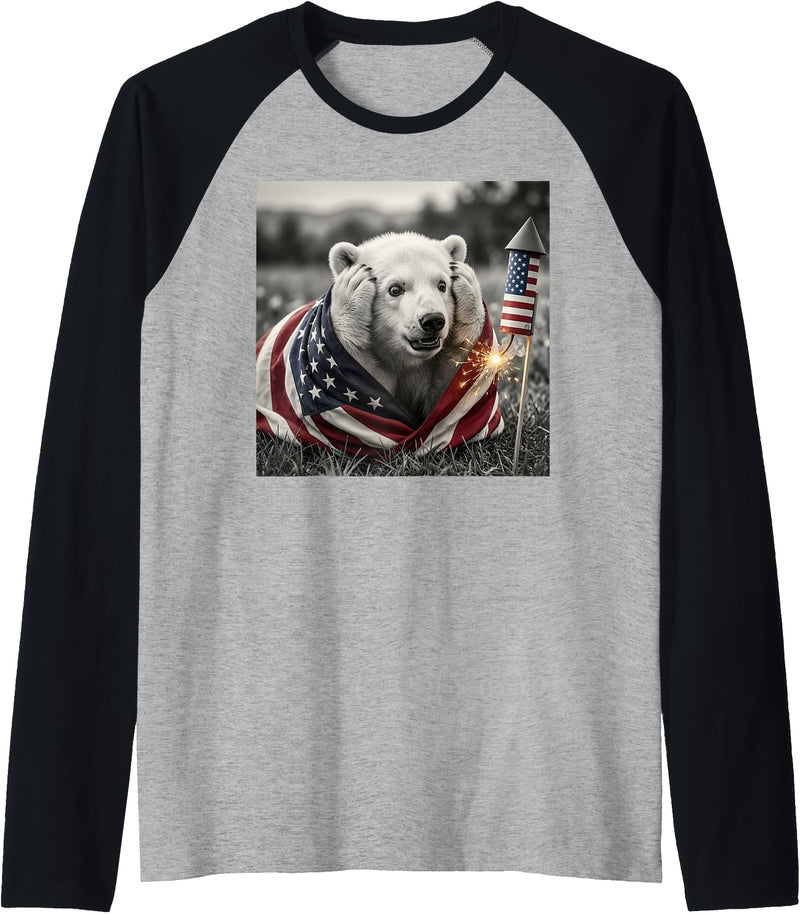 Polar Bear USA Patriotic Veterans Day Costume Funny Polar Bear American USA Flag 250 Years 4th of July Raglan Baseball Tee - Black/Athletic Heather