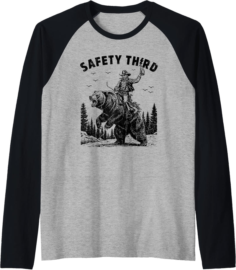 Cowboy Western Bear Tee Safety Third, Funny Guys, Grizzly Bear, Cowboy Western Raglan Baseball Tee - Black/Athletic Heather