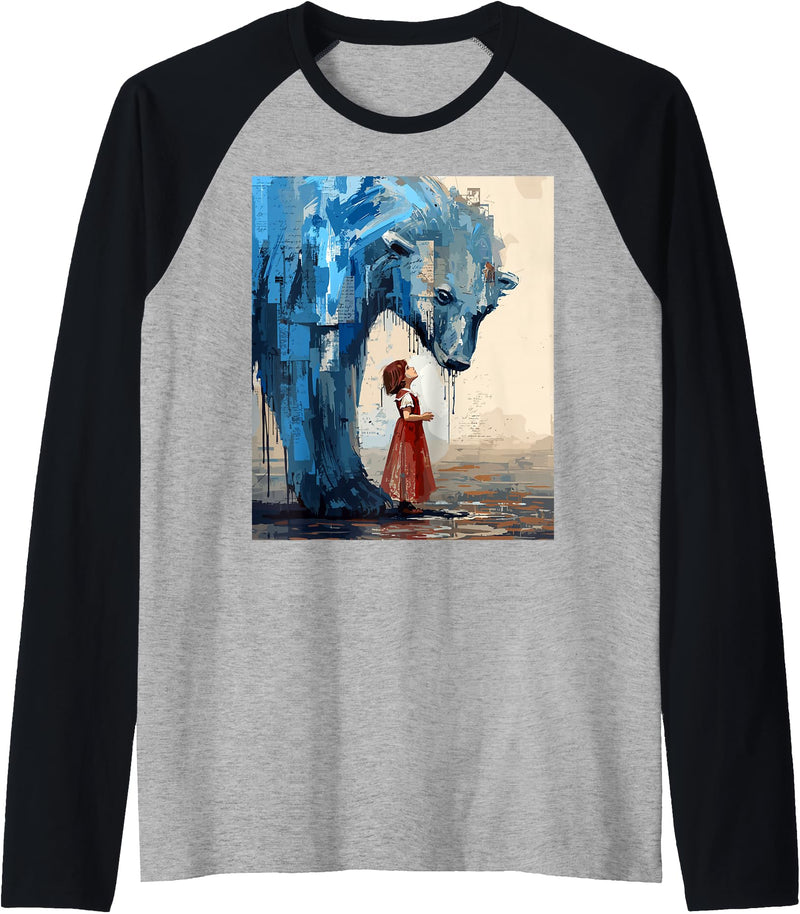 Polar Bear Companion Child Heartfelt Imagination Small Girl Big Polar Bear Expressive Whimsical Mood Duality Raglan Baseball Tee - Black/Athletic Heather