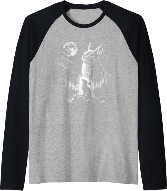 Bunny Rabbit Howling to the Moon Bunny Howl At Raglan Baseball Tee in Black/Athletic Heather
