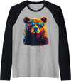 Colorful Forest Illustration Bear Art Nature Bear Wearing Sunglasses Wildlife Graphic Colorful Bear Raglan Baseball Tee - Black/Athletic Heather