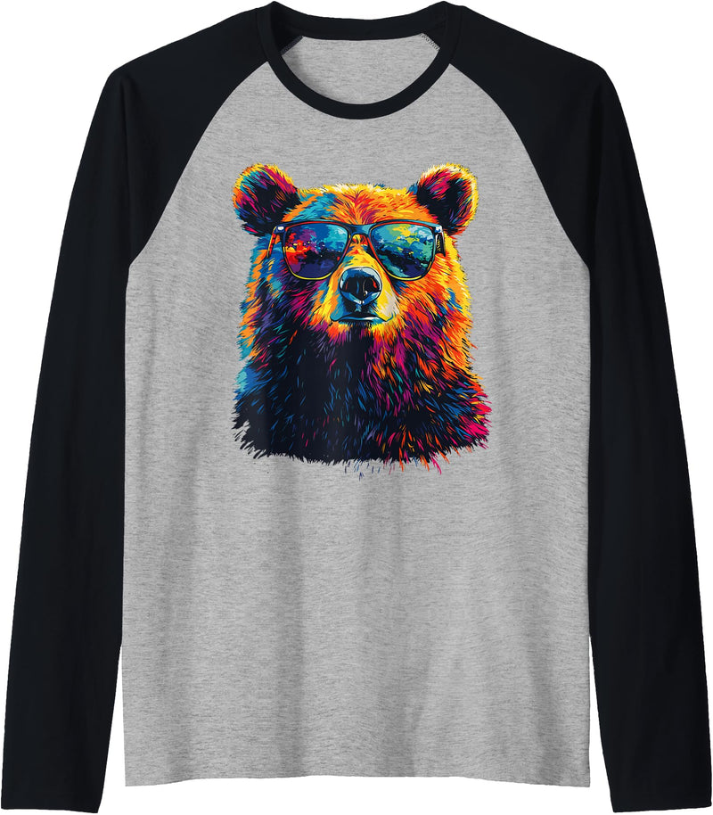 Colorful Forest Illustration Bear Art Nature Bear Wearing Sunglasses Wildlife Graphic Colorful Bear Raglan Baseball Tee - Black/Athletic Heather