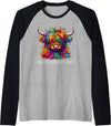 Cow Couture Creations Highland Cow Messy Hair Colorful Raglan Baseball Tee - Black/Athletic Heather