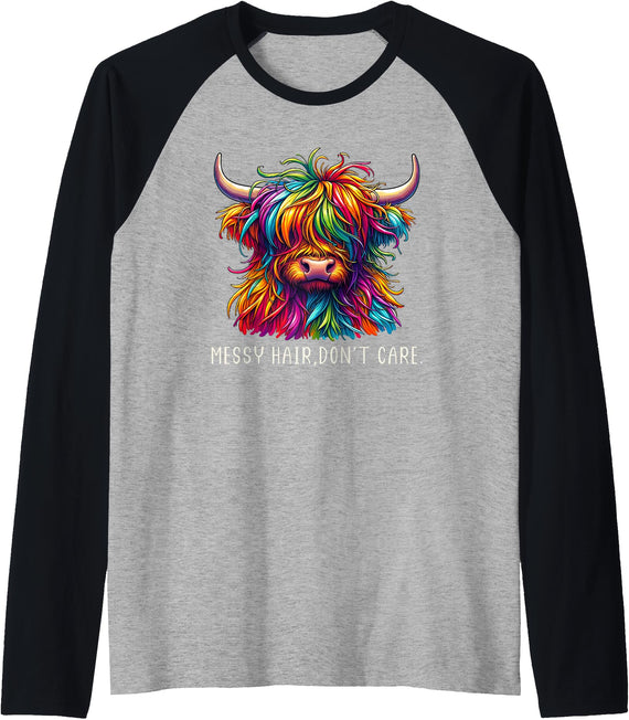 Cow Couture Creations Highland Cow Messy Hair Colorful Raglan Baseball Tee - Black/Athletic Heather