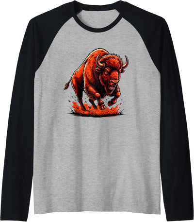 Bison Buffalo Stampeding Nature Wildlife Art Raglan Baseball T-Shirt