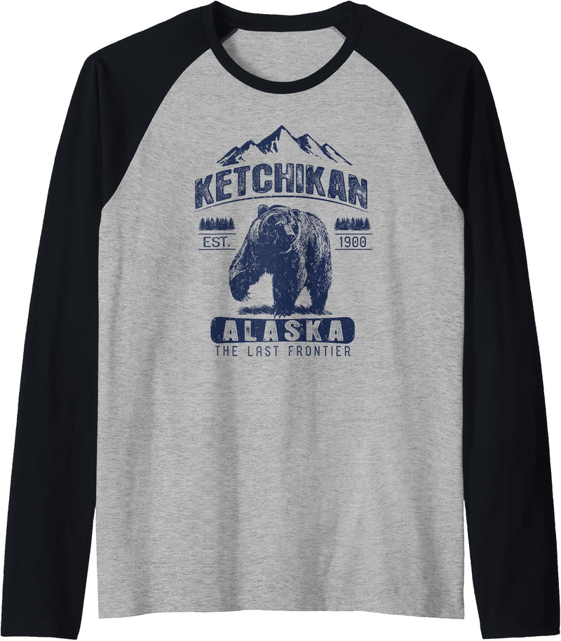 Ketchikan Alaska Souvenir Gift Shirts Vintage Bear Ketchikan Alaska Shirt - Ketchikan AK Raglan Baseball Tee - Black/Athletic Heather