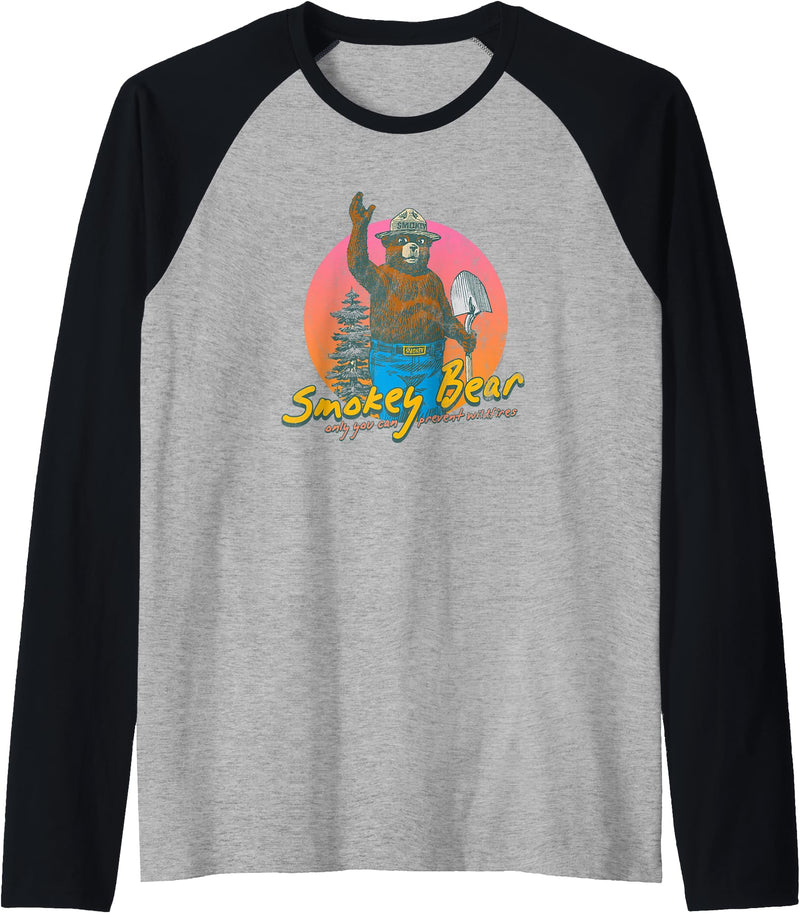 Smokey Bear Retro Smokey Bear Colorful Sunset PSA Raglan Baseball Tee - Black/Athletic Heather
