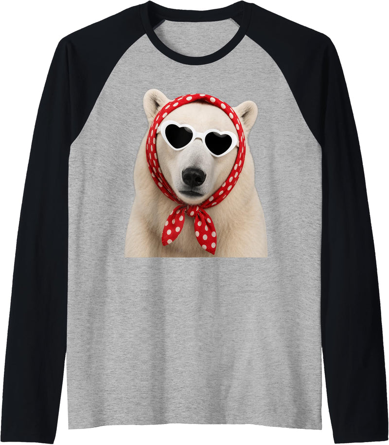 Funny Polar Bear with Sunglasses Cute Polar Bear Lover Heart Sunglasses Raglan Baseball Tee - Black/Athletic Heather