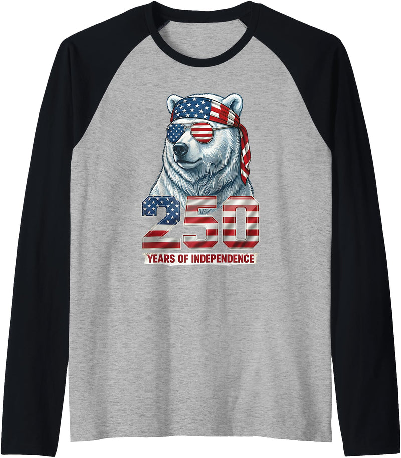 Patriotic Bear Freedom Anniversary Celebration Polar Bear 250 Years of Independence Patriotic America 1776 Raglan Baseball Tee - Black/Athletic Heather