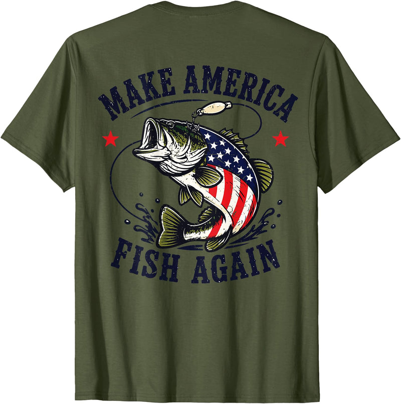 Make America Fish Again Largemouth Bass Patriotic Men Make America Fish Again 4th July Fish Patriotic USA Flag T-Shirt - Olive Green
