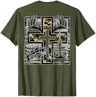 Camo Cross Fishing Faith Christian 2 Sided Hunting Fishing Cross Camo Faith Christian Fisherman Hunter T-Shirt - size chart