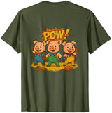 Three Hero Pigs Storytime Legends Bad Wolf in personalized costume 3 Pigs on the back T-Shirt - size chart