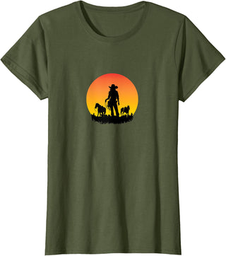 Horses Cowgirl T-Shirt - Olive Green