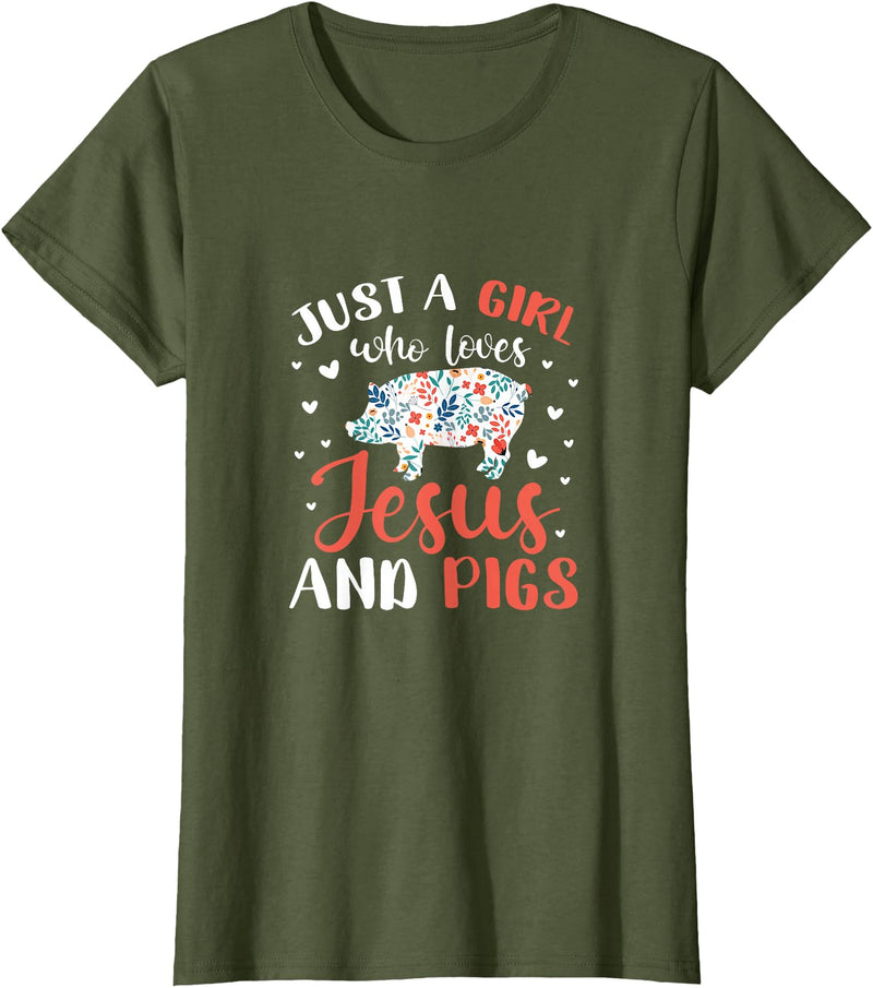 Pig Lovers Gifts and Apparel Just A Girl Who Loves Jesus and Pigs Pig Lover Christian T-Shirt - Olive Green