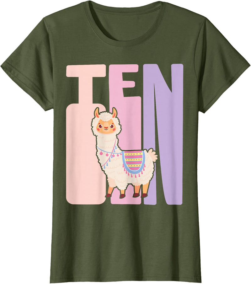Retro Llama Alpaca Themed Girls Birthday Designs 10th Birthday Girl Cute Llama Alpaca 10 Years Old T-Shirt - Olive Green