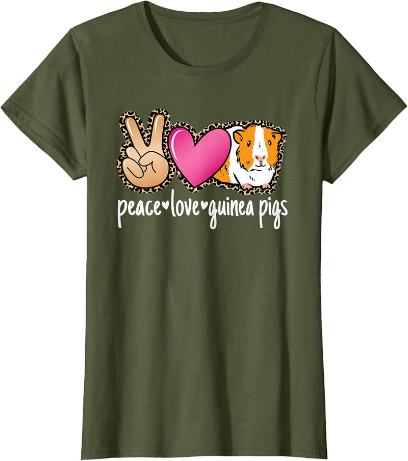 BALARI Peace Love Guinea Pigs Cute Guinea Pig Lover Women Girls T-Shirt - Olive Green