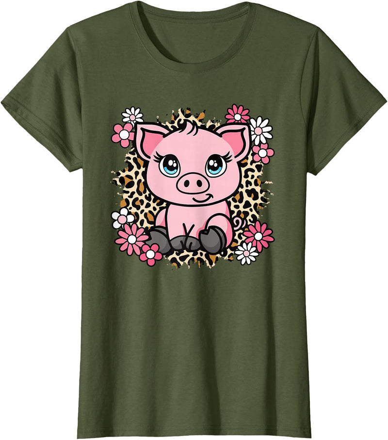 KATYLIN Cute Pig Flowers Pig Lover Women Girls Kids T-Shirt - Olive Green
