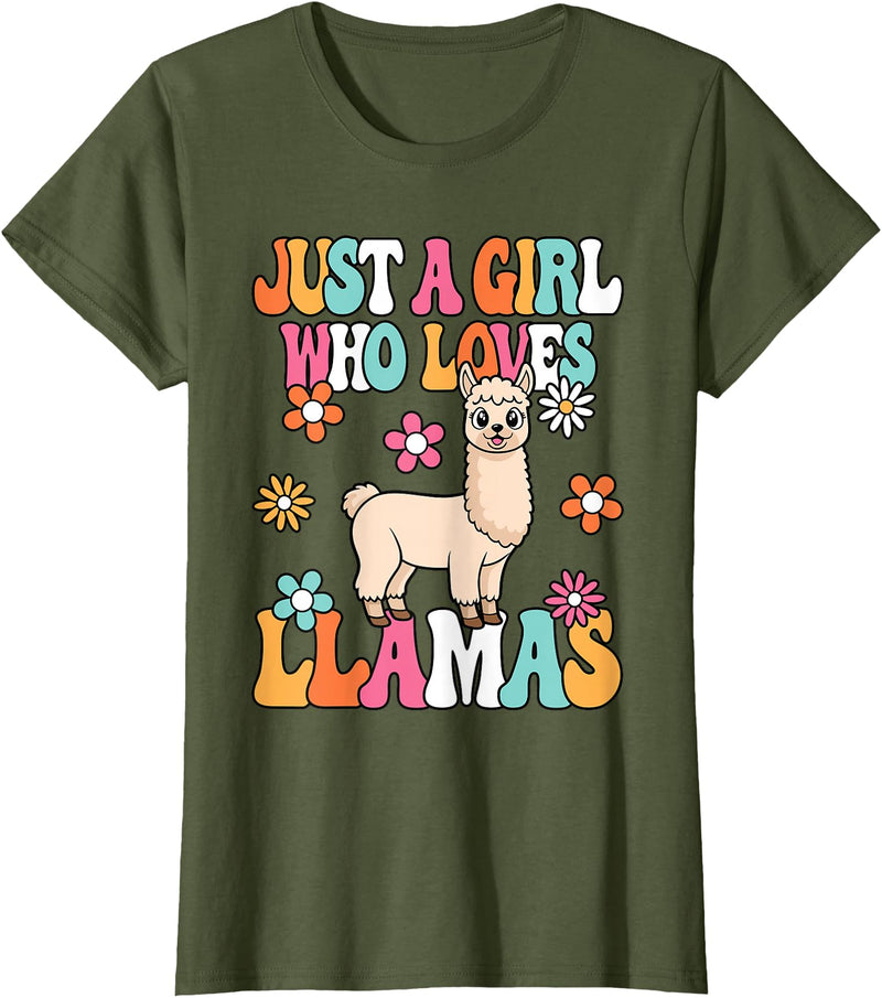 BALARI Just A Girl Who Loves Llamas Cute Groovy Alpaca Llama Kids T-Shirt - Olive Green