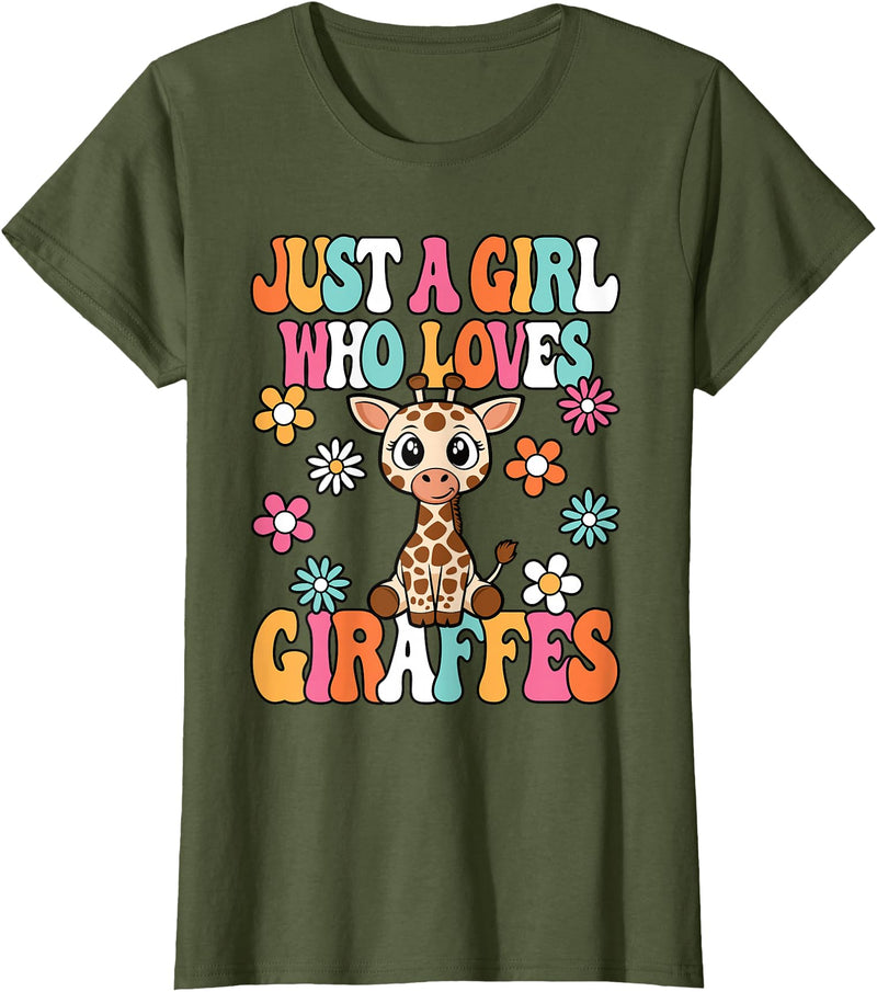 BALARI Just A Girl Who Loves Giraffes Cute Groovy Wild Animal Kids T-Shirt - Olive Green