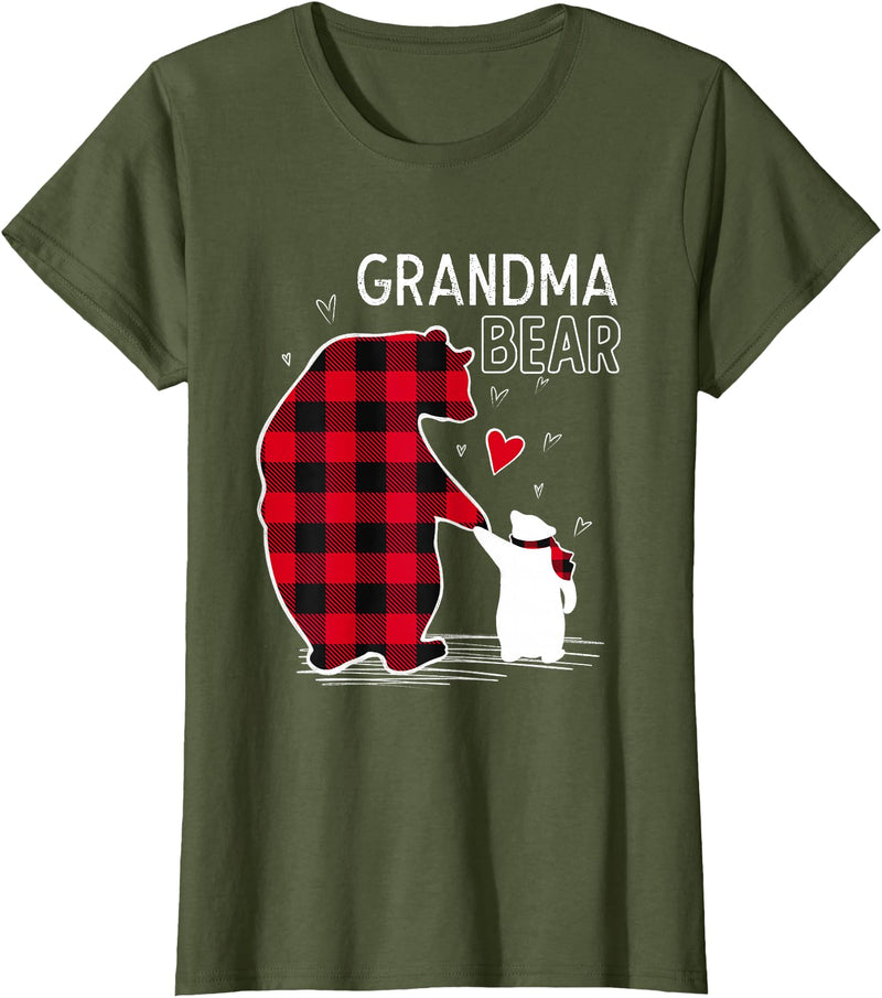 Papa & Mama Bear Outfit Grandma Bear Christmas Pajama Red Buffalo Plaid T-Shirt - Olive Green