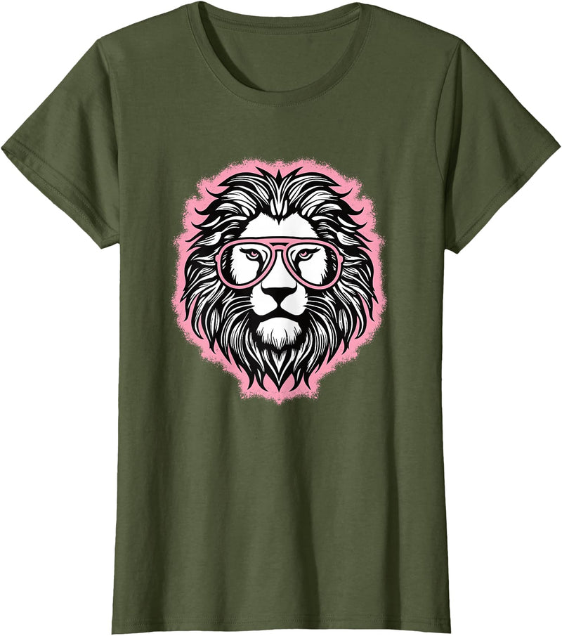 BALARI Cute Pink Lion Wild Animal Lion Lover Women Girls T-Shirt - Olive Green