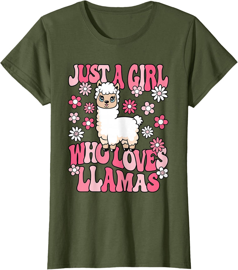 KATYLIN Just A Girl Who Loves Llamas Llama Lover Girls Kids T-Shirt - Olive Green