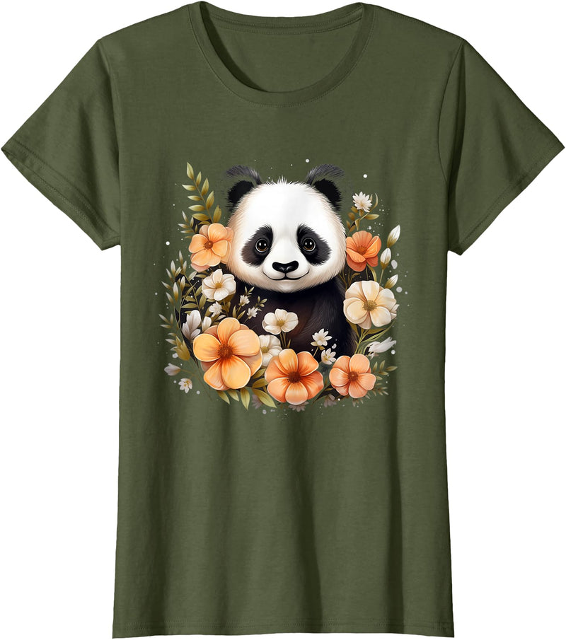 Floral Panda Bear Panda Bear Flowers Floral Girls Kids Funny Cute Panda Lover T-Shirt - Olive Green