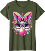 Happy Easter Bunny Tie Dye Coquette Bow Rabbit Face Easter T-Shirt - Olive Green