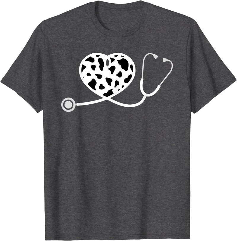 Cute Cow Print Design Stethoscope Gifts Him Her Cow Print Pattern Nurse Doctor Cardiology Stethoscope Heart T-Shirt - Dark