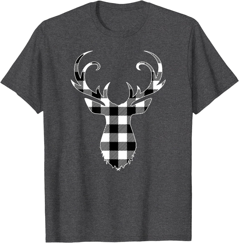 Buffalo Plaid Deer Clothing Co. by AAM Black & White Classic Christmas Buffalo Plaid Deer Head T-Shirt - Dark Heather Grey