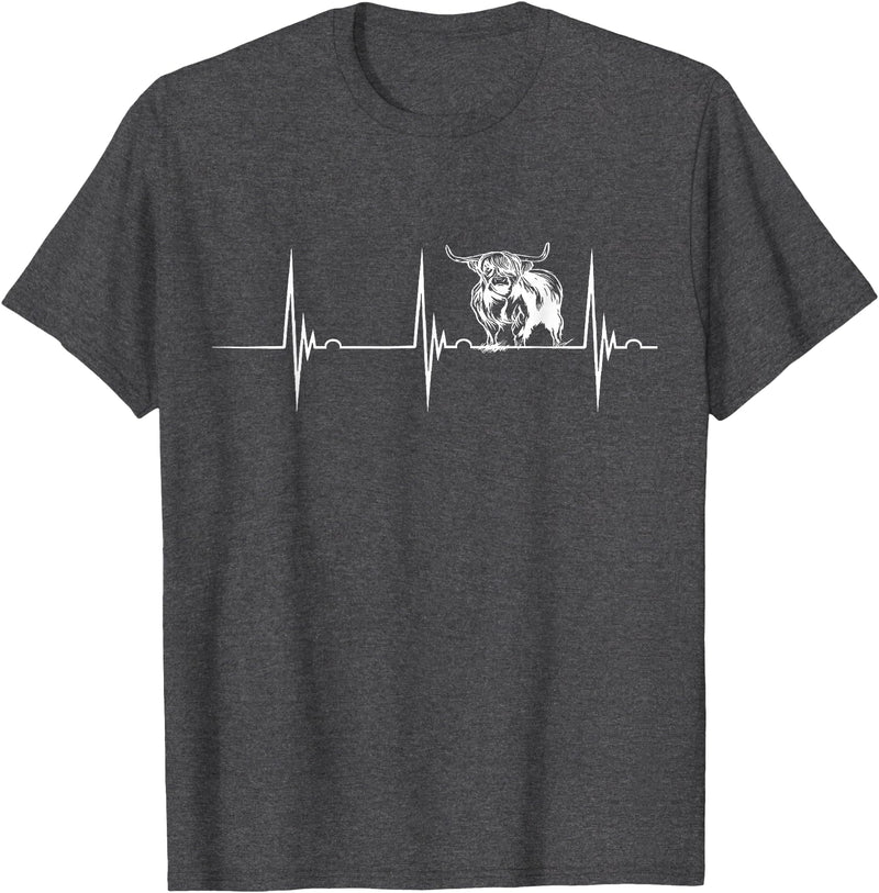Loveable Highland Cows Hairy Coos Scottish Highland Cow Heartbeat EKG Pulse Highlander Cow T-Shirt - Dark Heather Grey
