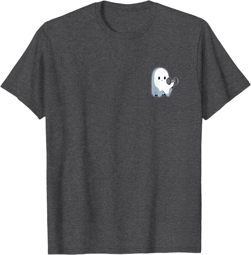 Cute Paranormal Workout Ghost Lifting Dumbbells Ghost Weightlifting Pocket Funny Ghost Workout Halloween T-Shirt - Dark