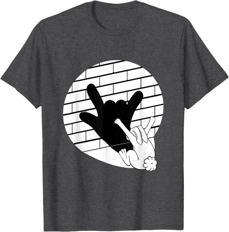 Funny Rabbit Hand Puppet Bunny Shadow T-Shirt in Dark Heather Grey
