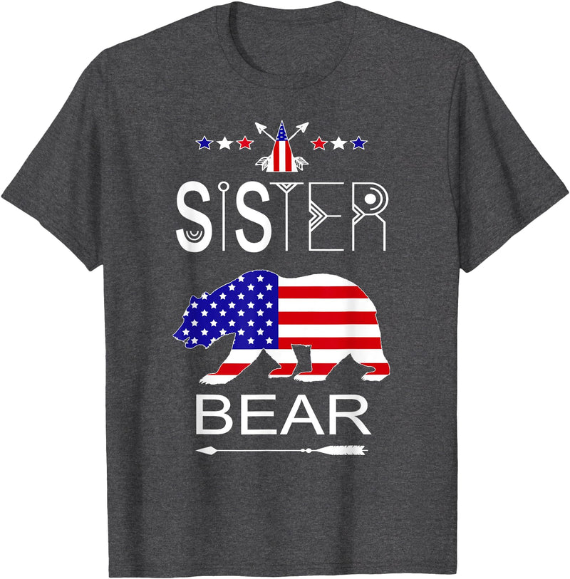 Patriotic Sister Bear Family Fun Sapphire Star Cool Patriotic Sister Bear Matching Family Flag 4th Of July T-Shirt - Dark Heather Grey