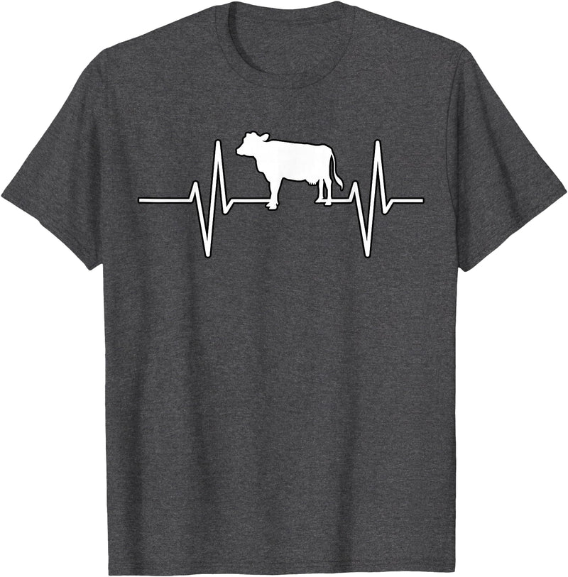 Animal Funny Farmer Farmers Gift Cow Cattle Beef Heartbeat Funny T-Shirt - Dark Heather Grey