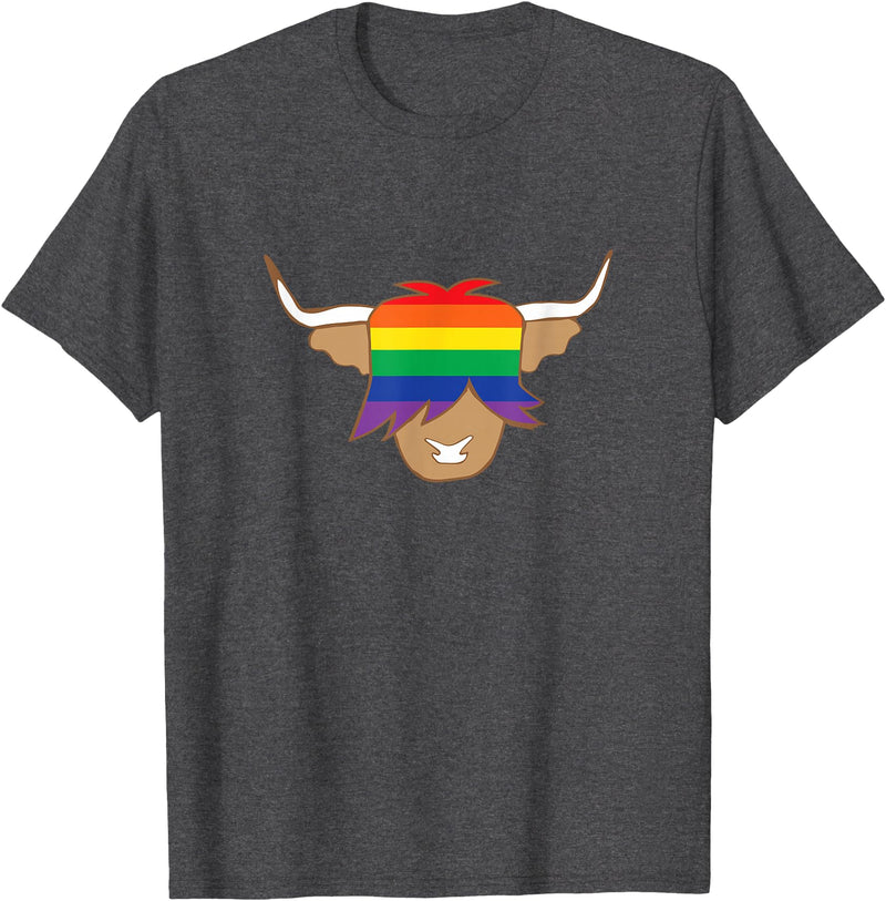 Ayeland co Cute Gay Pride Shirt LGBT flag scottish highland cow t shirt T-Shirt - Dark Heather Grey