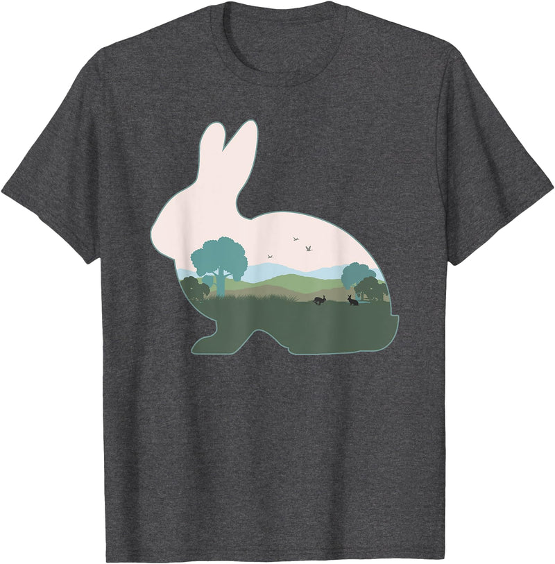 Rabbit Print with Landscape Rabbit Lover - Hare Bunny T-Shirt in Dark Heather Grey