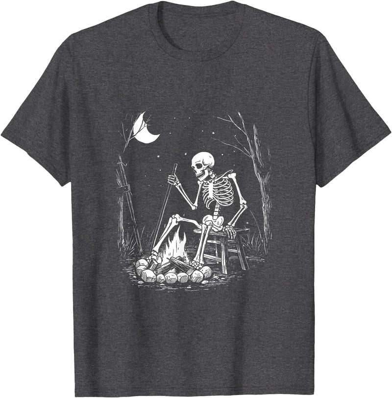 RetroPop Vintage Gear Camping Skeleton Bones Halloween Forest Campfire Graphic T-Shirt - Dark Heather Grey