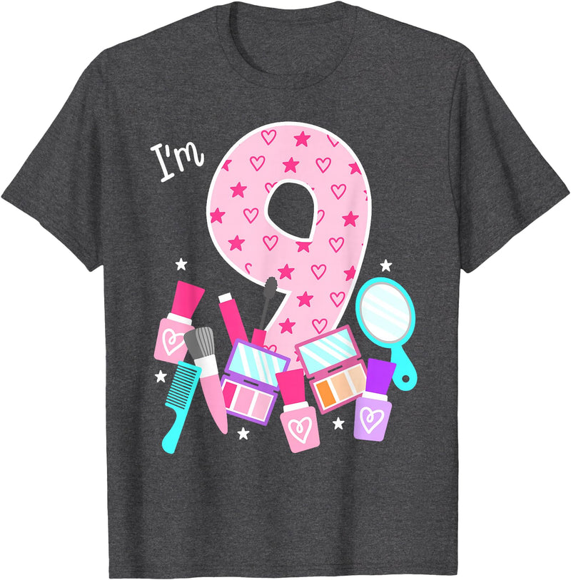 Birthday Girl Spa Squad Outfit Gifts Shop Spa Birthday Party I'm 9 Girls Makeup 9th Bday Kids Toddlers T-Shirt - Dark
