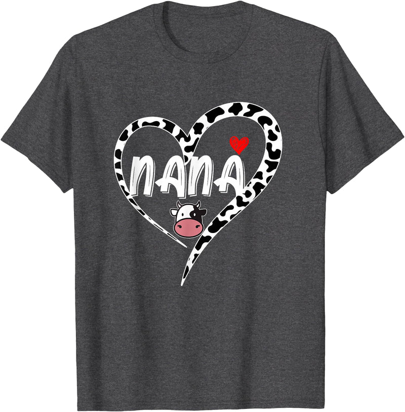 Black White Family Cow Farm Nana Cow Print Cow Heart Pattern Farmer Cows Mother's Day T-Shirt - Dark Heather Grey