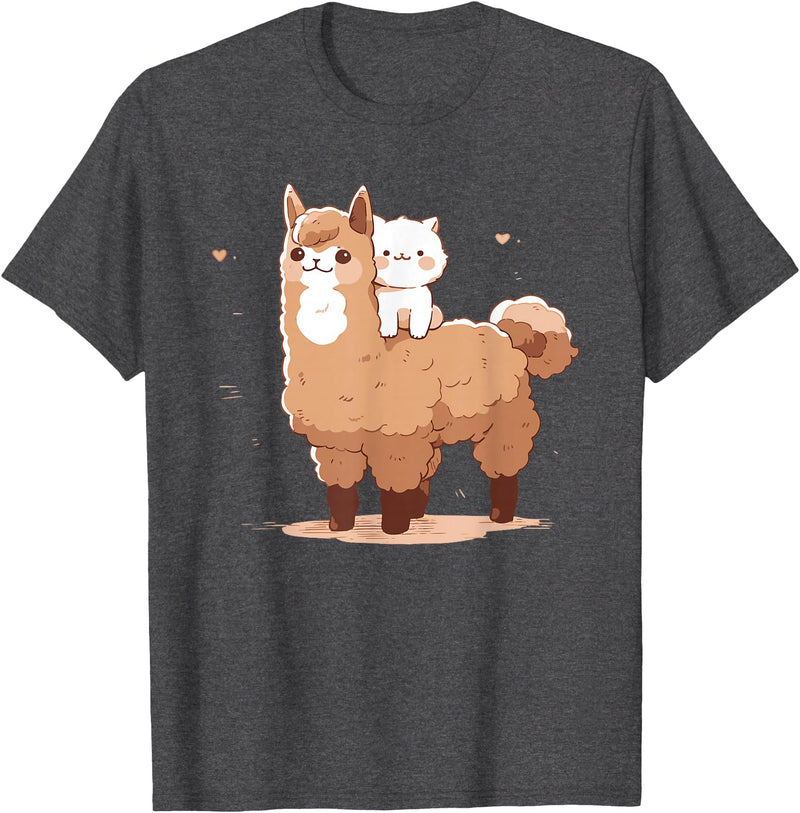 Kawaii Valentine Llama And Cat Design Cute Llama And Cat T-Shirt - Dark Heather Grey