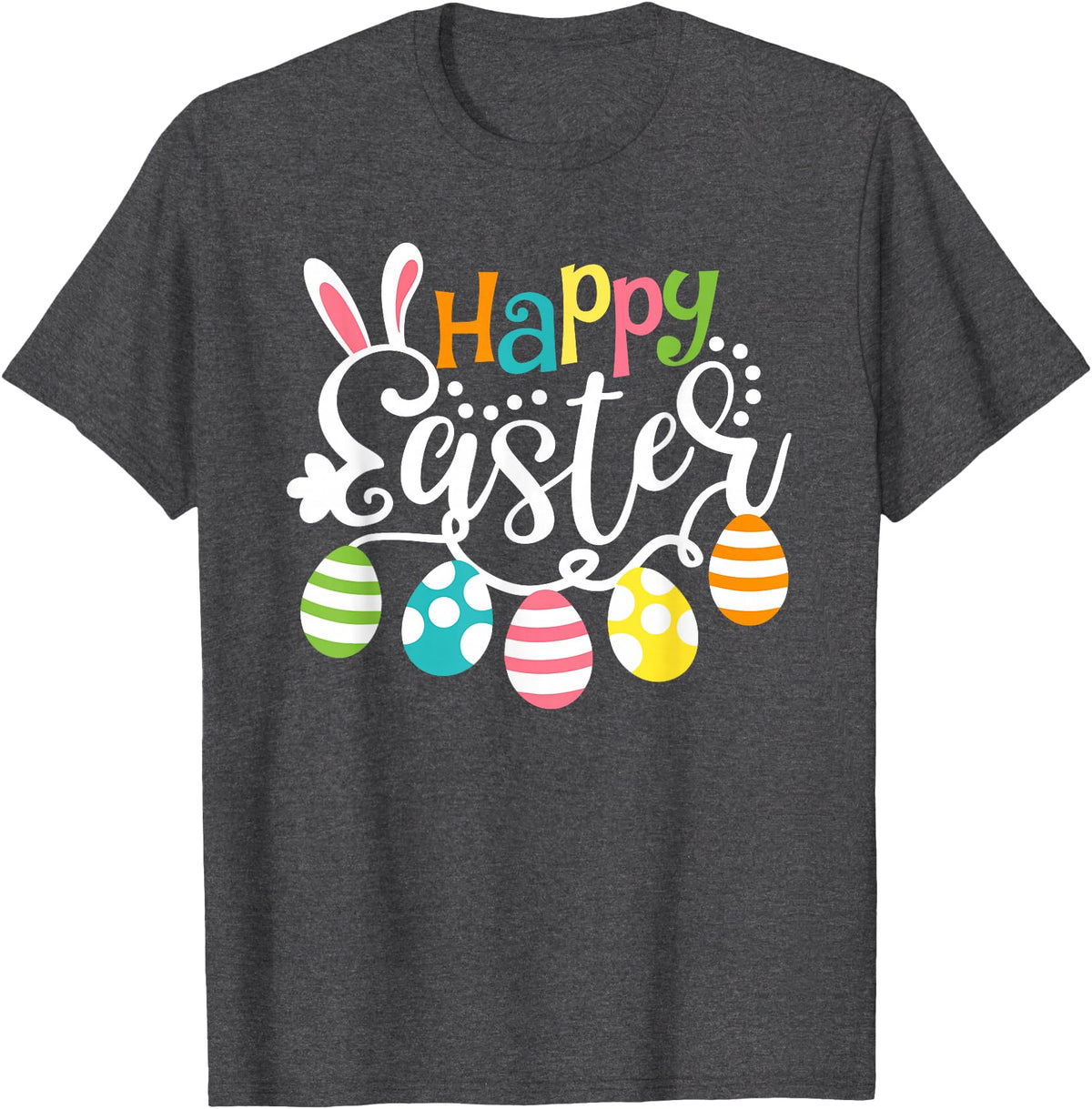 Happy Easter Bunny Rabbit Face Funny Easter Day Women Girls T-Shirt (Black) in Dark Heather Grey