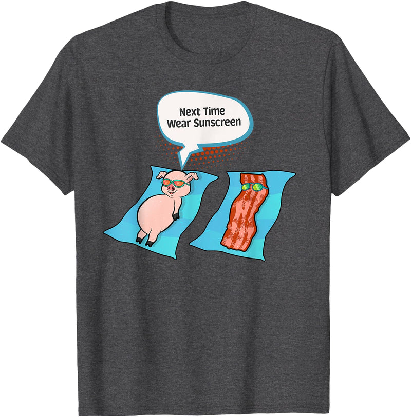 Bacon T Shirt Co Next Time Wear Sunscreen Funny Pig Bacon Sunbathing T-Shirt - Dark Heather Grey