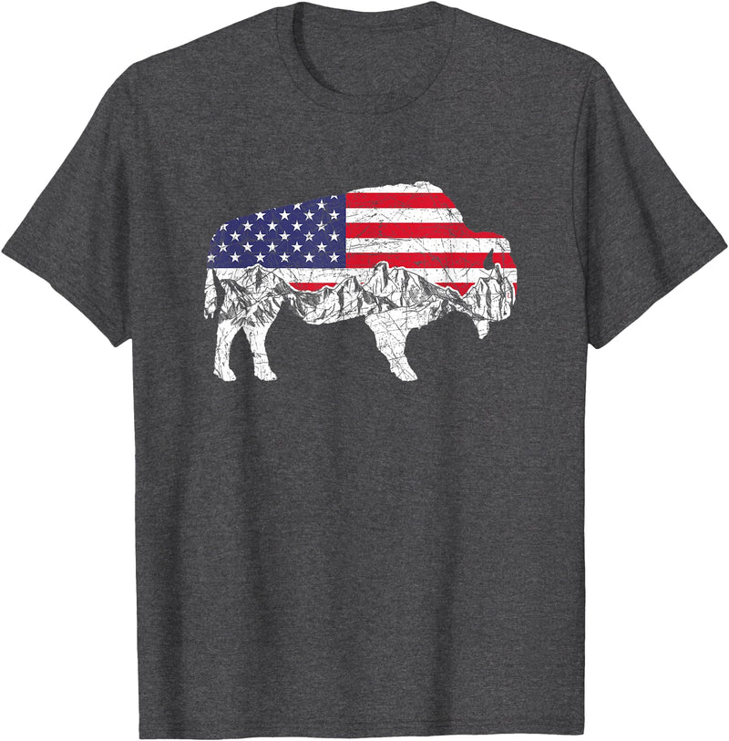 Gift for Animal Lovers & Fans Buffalo 4th Of July Patriotic US Flag American Buffalo Women Kids Men T-Shirt - Dark Heather