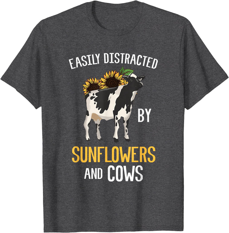 Funny Gift Idea for Sunflower and Cow Lovers Easily Distracted By Sunflowers and Cows T-Shirt - Dark Heather Grey
