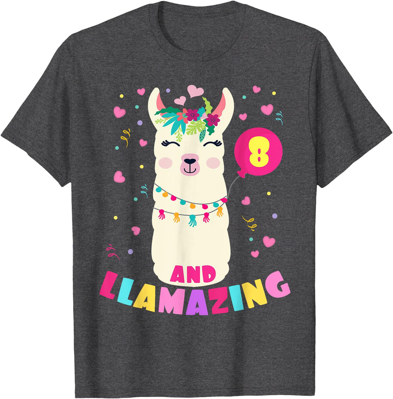 Llamazing Birthday Party Outfit Llama Lovers Llamazing 8 Years Old Girl Birthday Cute Llama Alpaca Kids T-Shirt - Dark Heather Grey