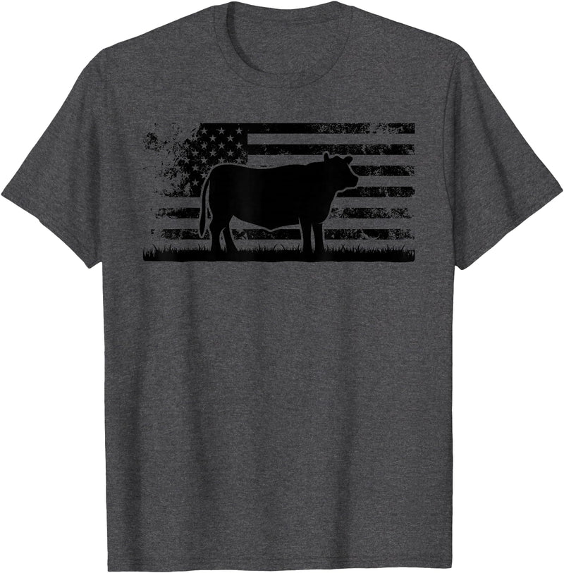 Funny Red Angus Rancher Gift for Cattle Lover USA American Flag - America Cow Red Angus Rancher T-Shirt - Dark Heather Grey