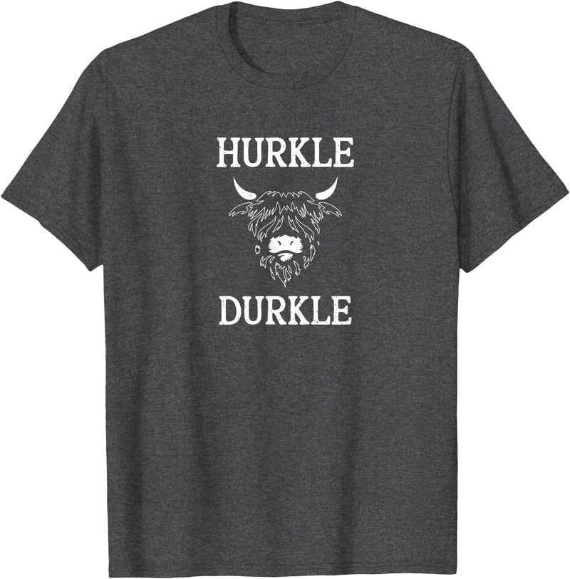 The Kilted Crow Hurkle Durkle Funny Scotland Highlands Cow Graphic T-Shirt - Dark Heather Grey